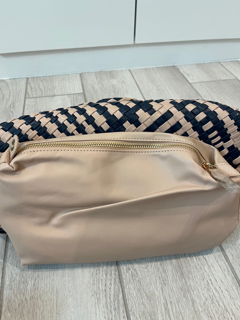 Woven Navy and Beige Tote with Beige Pouch-Magnetic Enclosure - Picture 4 of 7